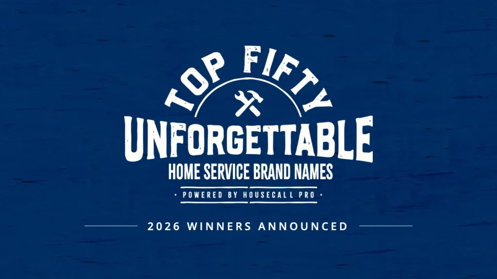 White text on blue background with Housecall Pro's Top 50 Unforgettable Service Brand Names