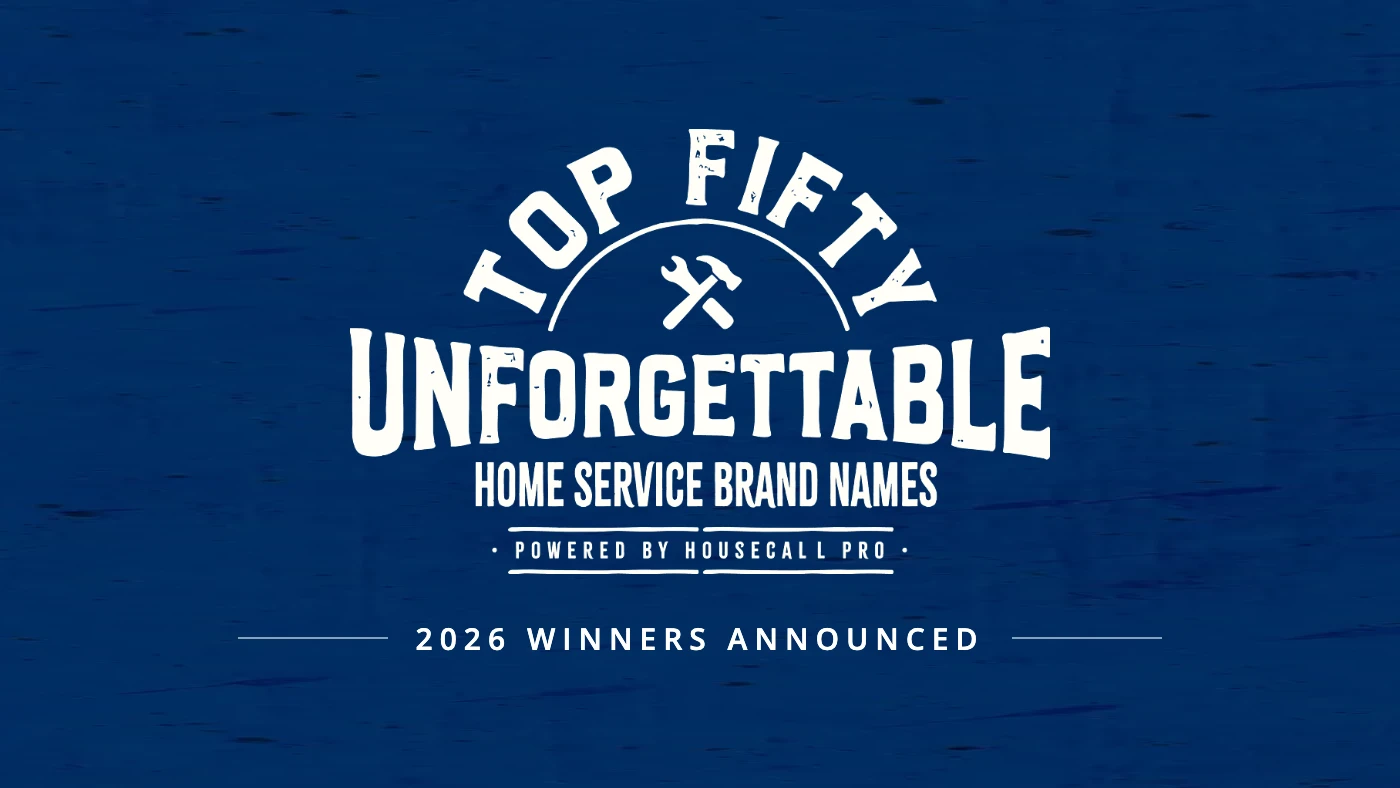 White text on blue background with Housecall Pro's Top 50 Unforgettable Service Brand Names