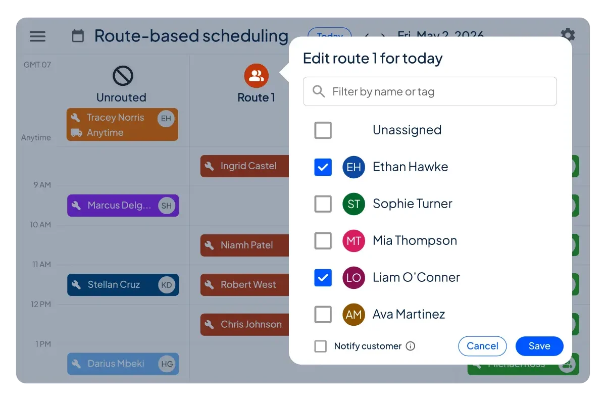 Dialog titled 'Edit route 1 for today' overlay with a searchable list of names and checkboxes for assigning route staff (Ethan Hawke and Liam O’Conner checked). Behind it, a route-based scheduling calendar showing colored name badges on different time slots.