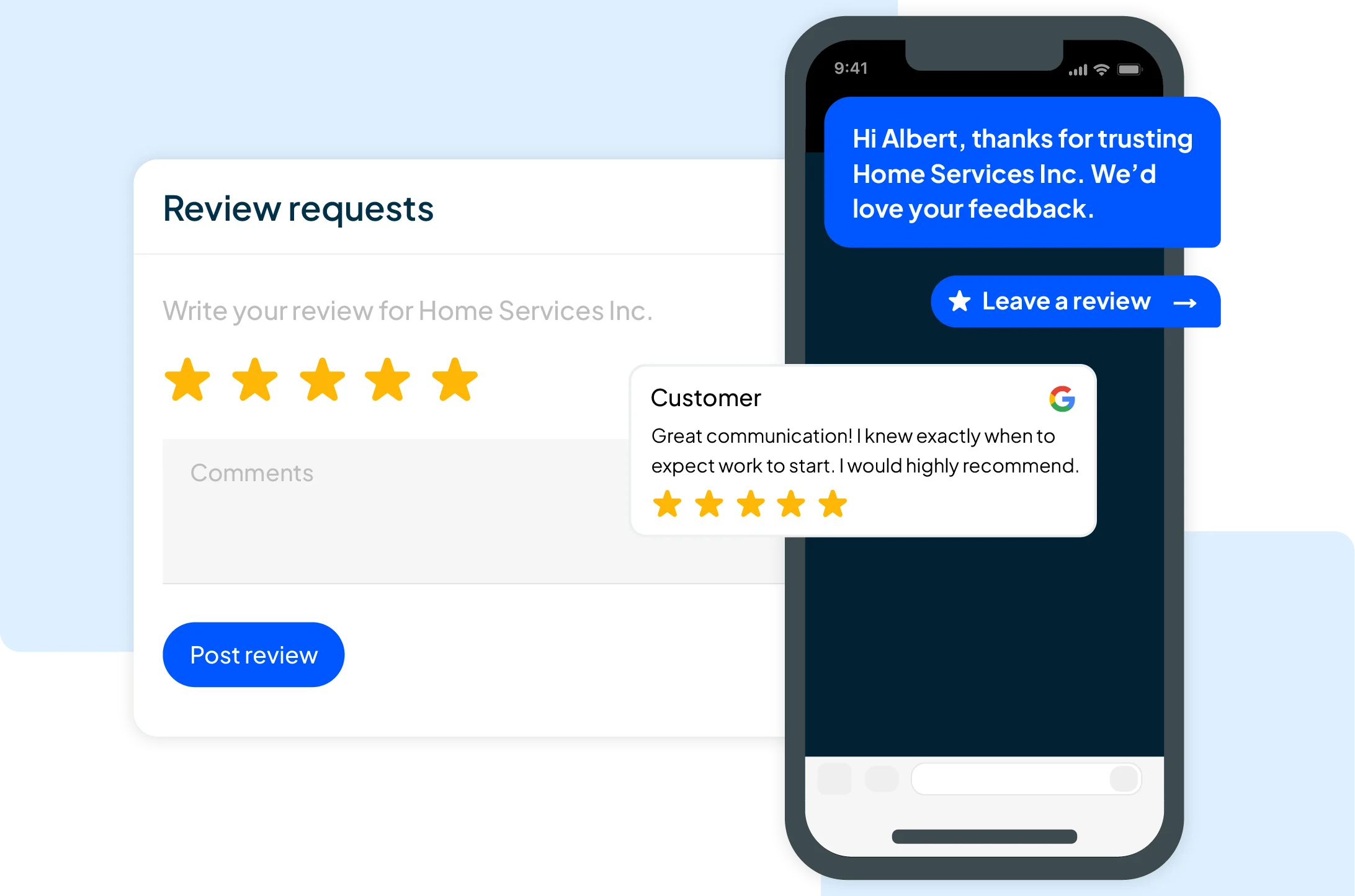 Mobile app review UI showing a 5-star rating area and a 'Post review' button on a light panel.