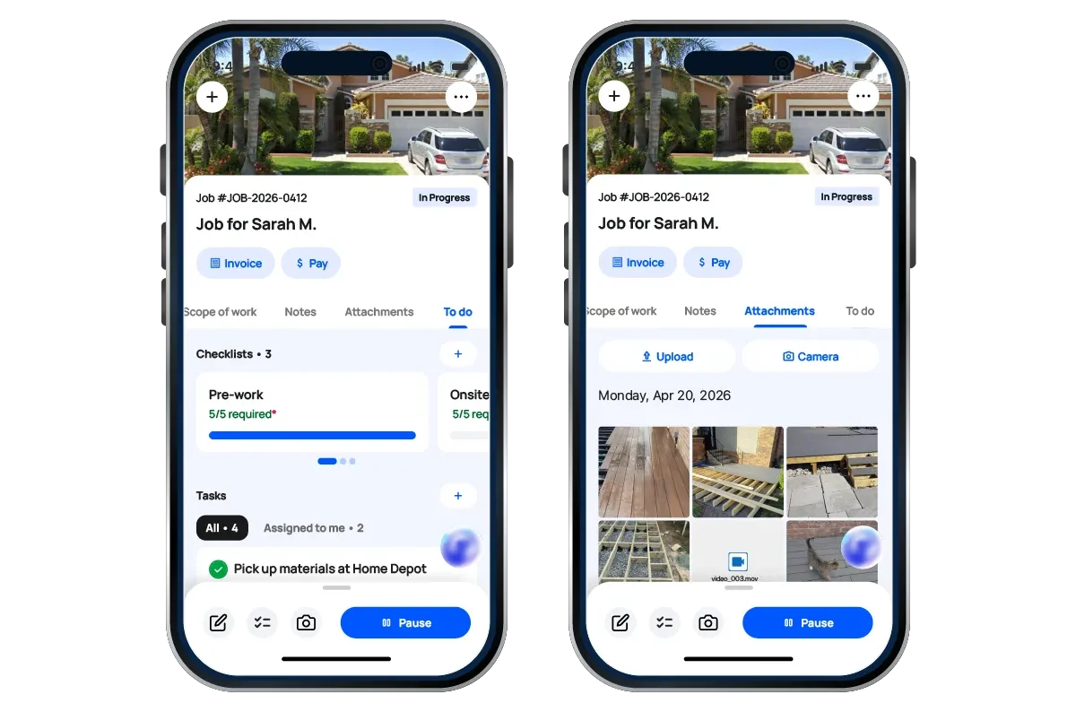Two iPhone screens show a job project dashboard for Sarah M. in progress, with attachments, invoice options, progress bar, and a photo gallery of site images.