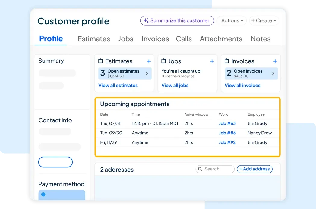 Dashboard of a customer profile showing summary cards, upcoming appointments, and addresses in a CRM interface.