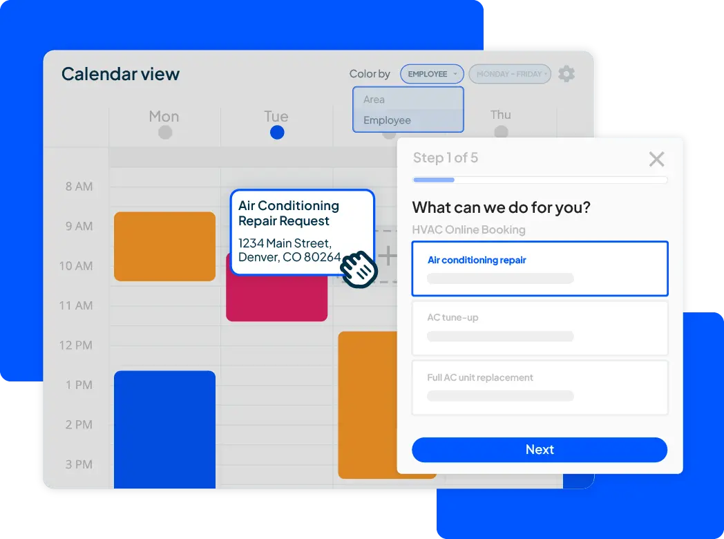 Calendar interface showing a color-coded schedule with a floating 'Air Conditioning Repair Request' card at 9–10 AM and a right-hand form (Step 1 of 5).