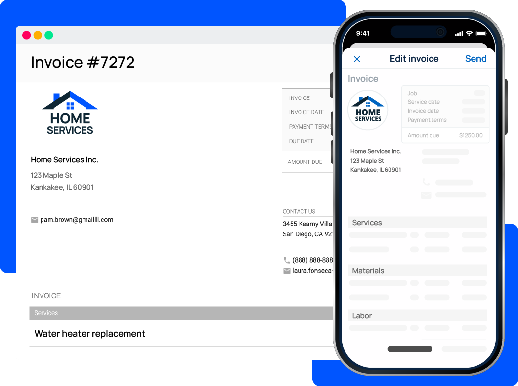 Invoice #7272 for Home Services showing logo, contact info, and the line item 'Water heater replacement' (desktop and mobile views).