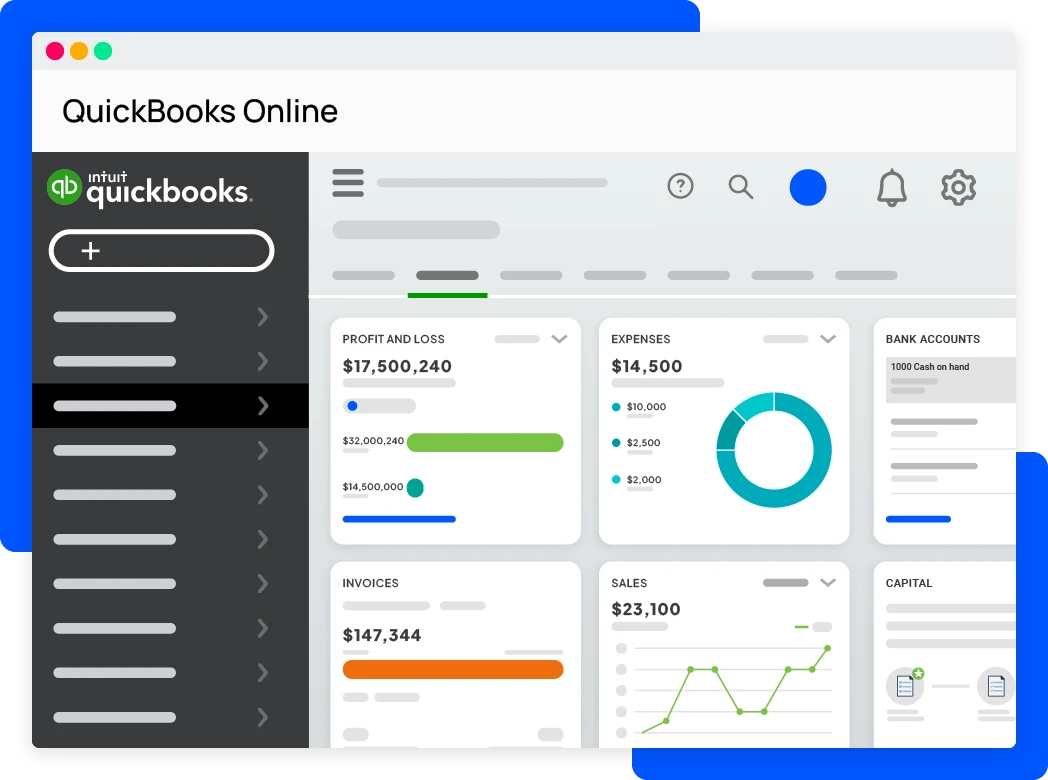Illustration of a QuickBooks Online dashboard on a laptop screen, with a dark left navigation panel and multiple content cards showing profit and loss, expenses with a donut chart, invoices, sales chart, and a bank accounts panel, plus a light top toolbar with icons.