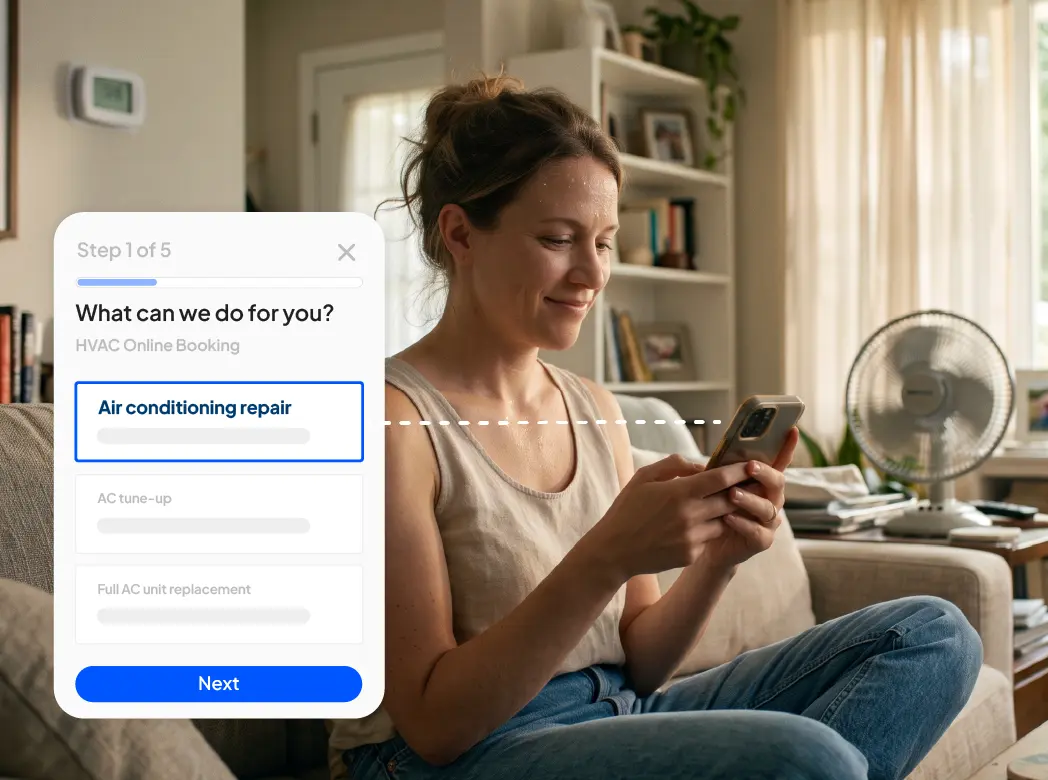 Woman on a sofa uses a phone; an HVAC booking modal on screen shows Step 1 of 5 with 'Air conditioning repair' selected