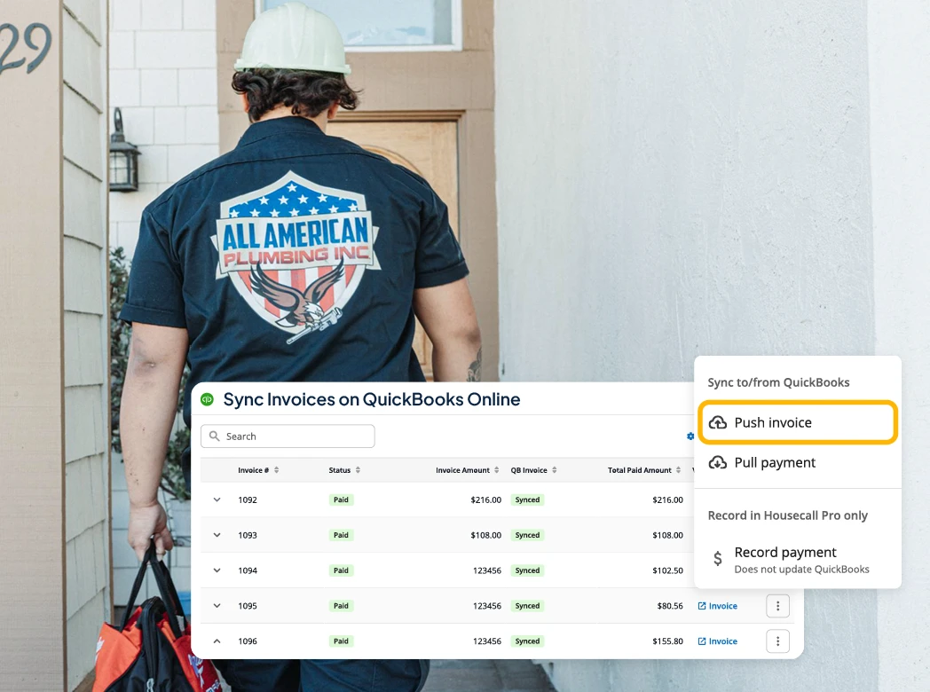 Back view of a plumber wearing a logoed shirt walking to a door, with a QuickBooks invoice sync panel showing 'Push invoice'.