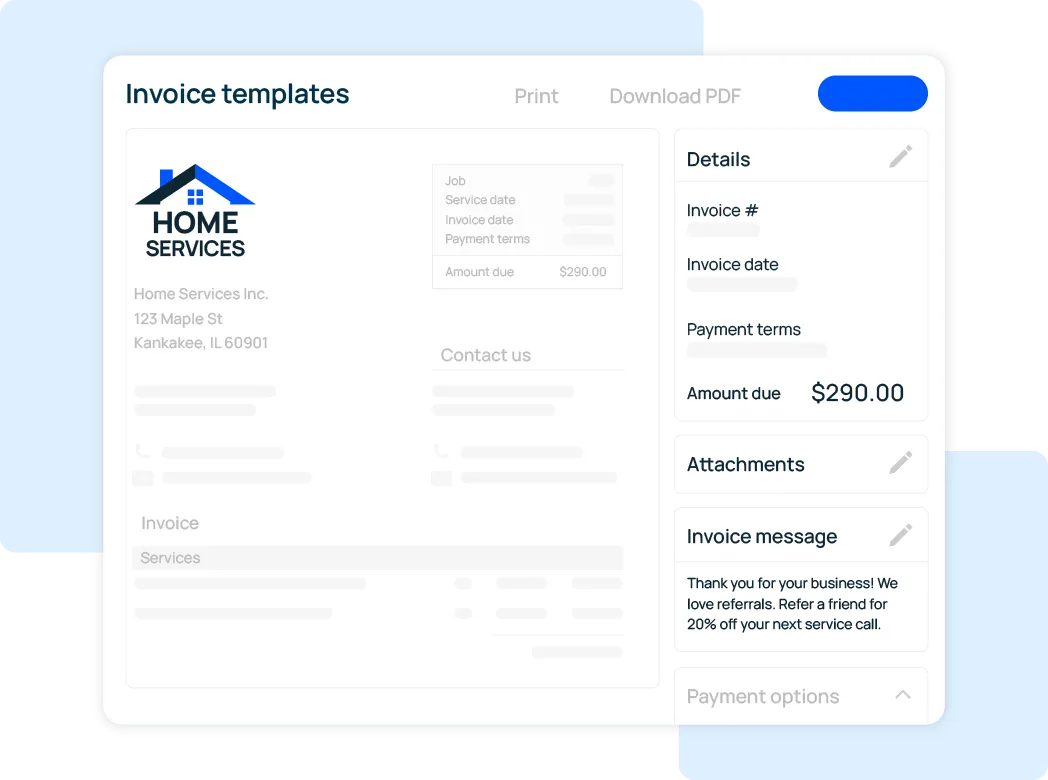 Screenshot of an invoice templates UI showing a left panel with a Home Services logo and client info, and a right Details pane with Amount due $290.00 and option sections like Attachments and Invoice message.