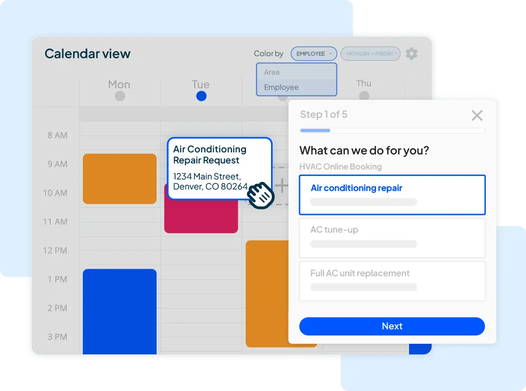 Calendar view with colored appointment blocks; a tooltip reads 'Air Conditioning Repair Request' with an address nearby.