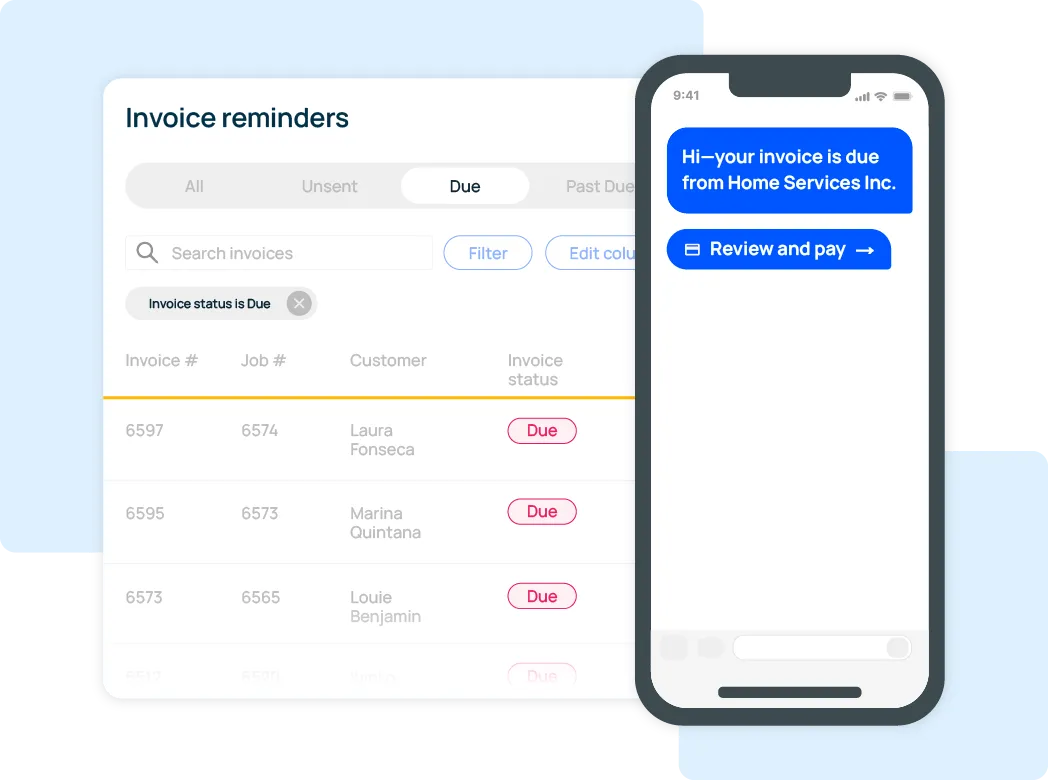 Tablet and phone mockups showing an 'Invoice reminders' dashboard with dues and a 'Review and pay' action on mobile.