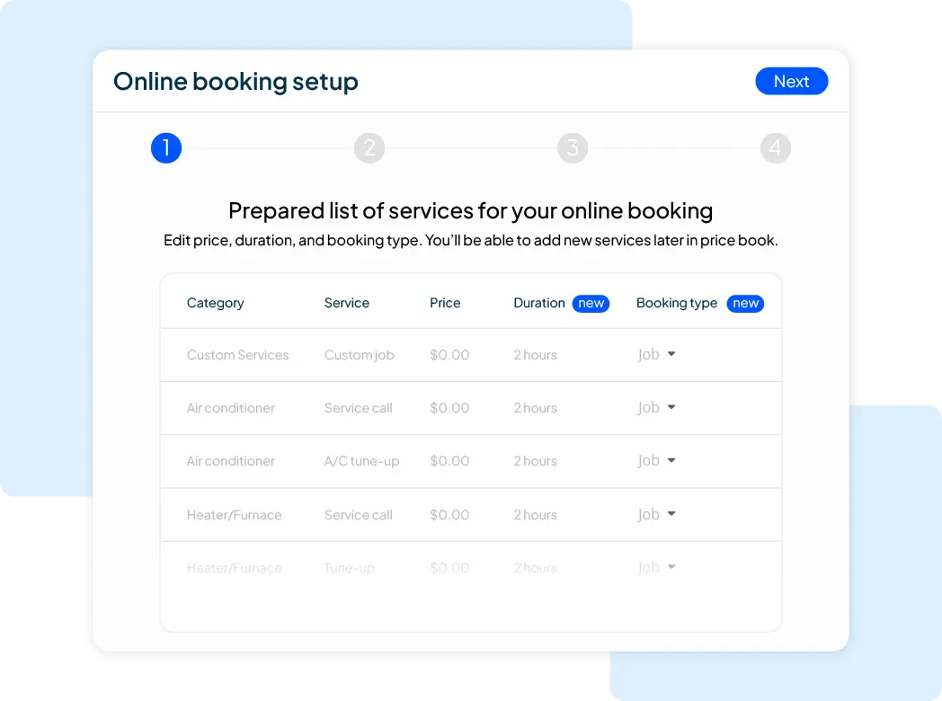 Screenshot of an online booking setup screen showing Step 1 progress, a blue 'Next' button, and a table listing services with columns: Category, Service, Price, Duration, Booking type.