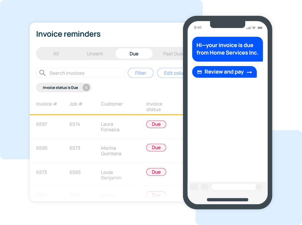 Dashboard with invoice reminders: tabs (All, Unsent, Due), and a list of invoices labeled 'Due' with pink pills.
