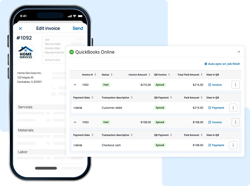 Phone screen showing an 'Edit invoice' form for Home Services beside a QuickBooks Online invoice list.