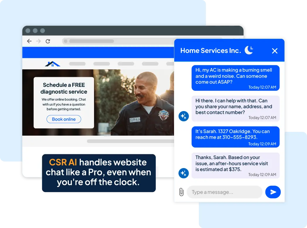 Website homepage featuring a blue promotional banner and a pop-up chat widget for customer support, with a real-time chat discussing a diagnostic service.