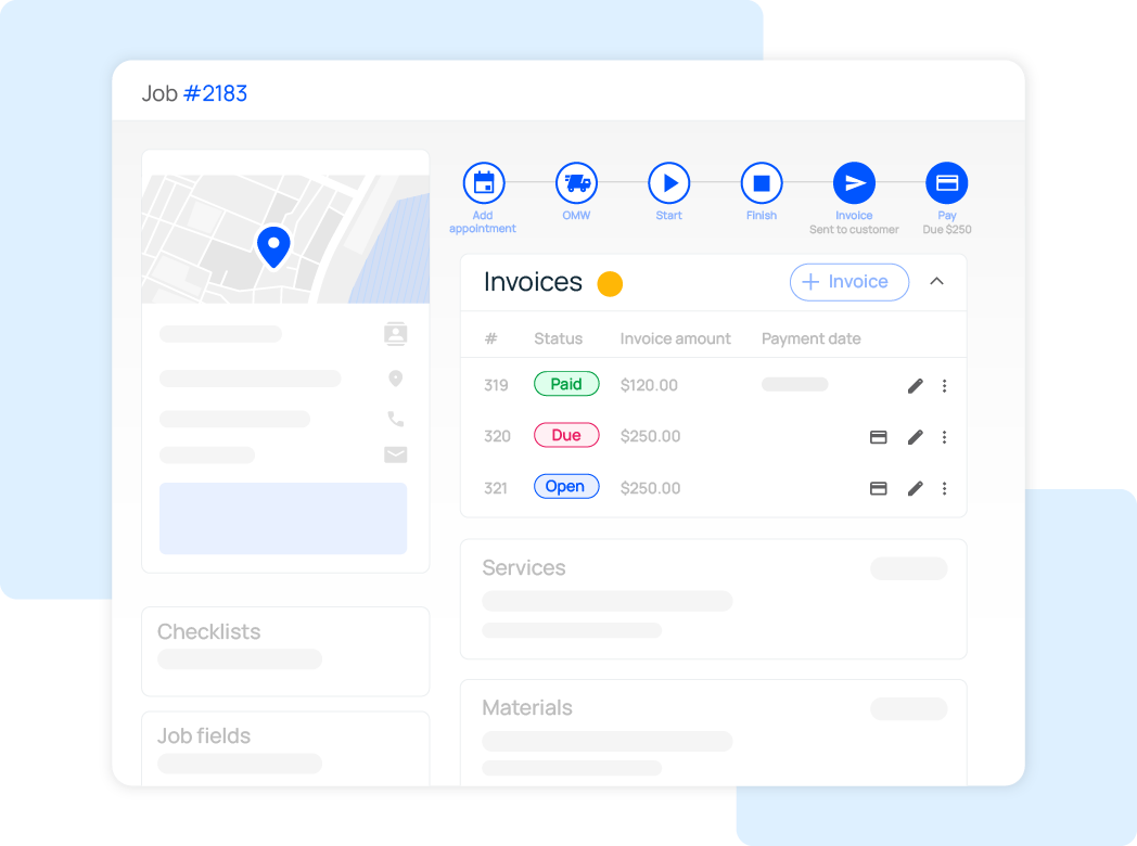 UI dashboard for Job #2183 showing map, task panels and an Invoices section with status badges (Paid, Due, Open)