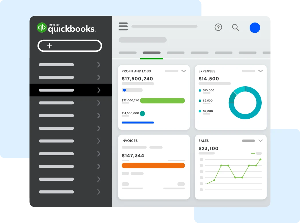 Dark left navigation rail with QuickBooks logo and menu items beside a light dashboard of four metric cards (Profit & Loss, Expenses, Invoices, Sales) showing charts and numbers.