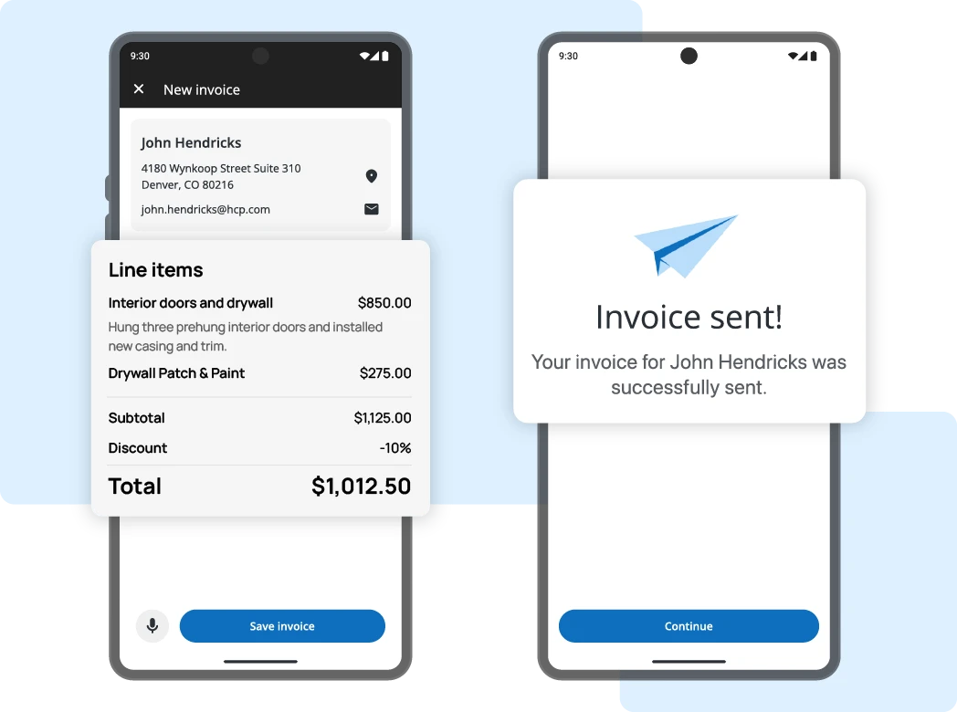 Mobile screens showing an invoicing flow: line items, total due, and a "Save invoice" button with a separate "Invoice sent!" confirmation card.