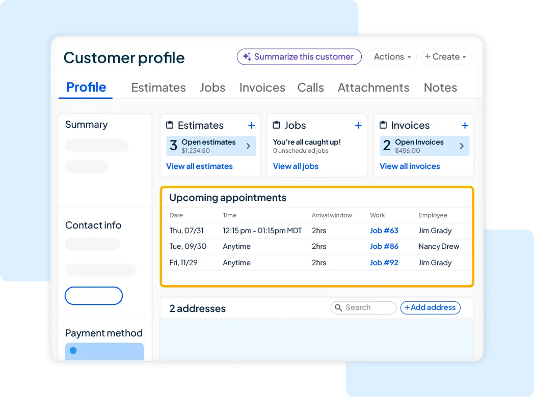 Customer profile dashboard with tabs (Profile, Estimates, Jobs, Invoices) and a highlighted Upcoming appointments table framed in orange on the right; left sidebar shows contact info and payment method blocks.