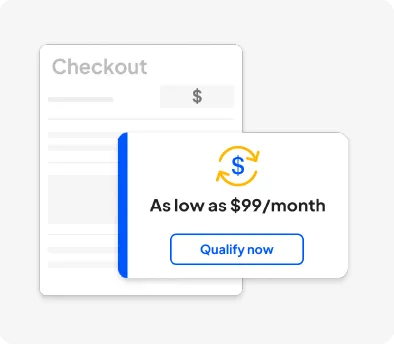 Pricing offer modal over a checkout form showing 'As low as $99/month' with a blue accent bar and a 'Qualify now' button.