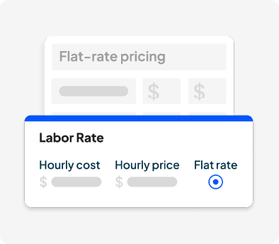 UI mockup of a labor-rate pricing panel with options for Hourly cost, Hourly price, and Flat rate; Flat rate selected.