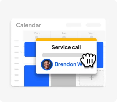 Illustration of a calendar UI with a floating 'Service call' card showing a user avatar and a large cursor pointer.