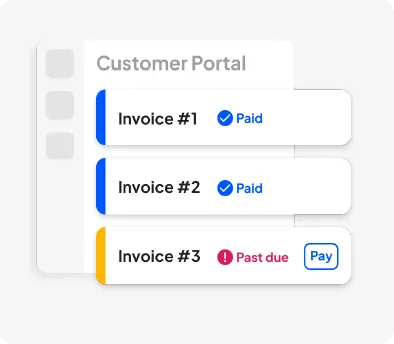 Customer Portal panel showing three invoices: #1 Paid, #2 Paid, #3 Past due with Pay button and colored status bars