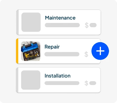 Vertical stack of service cards: Maintenance, Repair, Installation; each shows thumbnail, progress bar, and price; blue add button beside Repair.