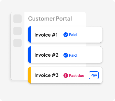 Customer Portal with three invoices: #1 Paid, #2 Paid, #3 Past due with a Pay button on the third card