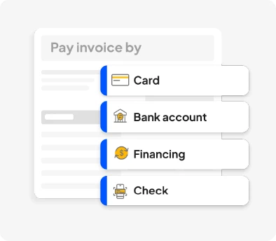 Panel labeled 'Pay invoice by' showing four payment options: Card, Bank account, Financing, and Check, each with an icon and blue accent tag.