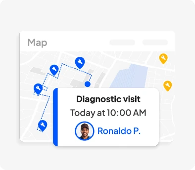 Map with blue location pins and a white appointment card showing a diagnostic visit for Ronald P. at 10:00 AM, with his circular avatar.