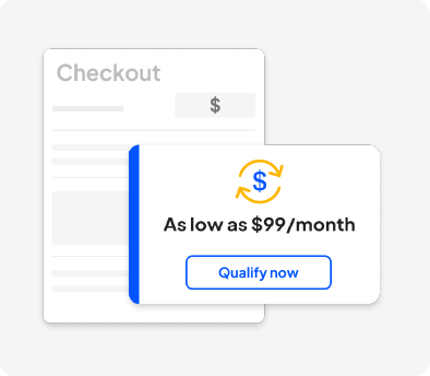 Promo modal over a checkout form reading 'As low as $99/month' with a blue-outlined 'Qualify now' button.