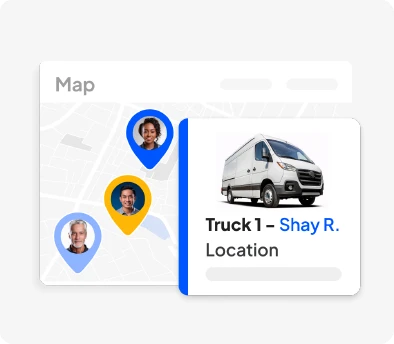Map with three colored pins and driver avatars; a truck info card shows 'Truck 1 – Shay R.' at Location.