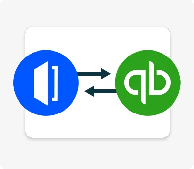 Two circular app icons (blue on the left, green QuickBooks on the right) connected by bidirectional arrows, illustrating integration between the two services.