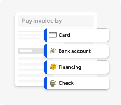 UI panel showing pay invoice options: Card, Bank account, Financing, and Check with icons on each option.