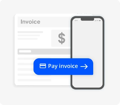 Illustration of an invoice on the left and a smartphone on the right with a blue 'Pay invoice' button in front.