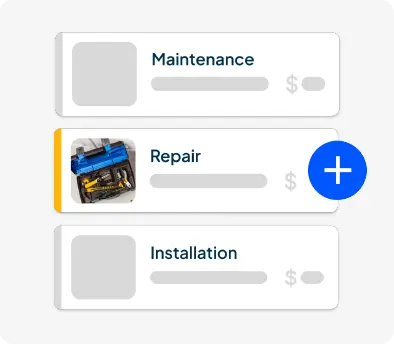 Three service cards—Maintenance, Repair, and Installation—each with a thumbnail, progress bar, and price; a blue plus button overlaps the Repair card to add a new item.