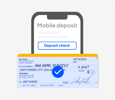 Phone screen shows a 'Mobile deposit' page with a 'Deposit check' button and a blue checkmark over a large check image indicating successful deposit edge-rounded app mockup.