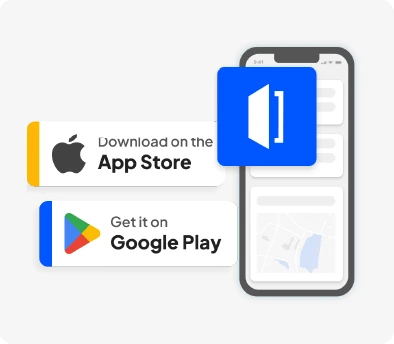 Promotional illustration with App Store and Google Play badges beside a smartphone; a blue square app icon with a speaker symbol.