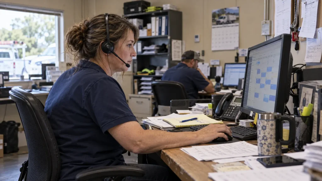 Woman wearing a headset and typing at a cluttered desk in a busy office or dispatch center, with multiple monitors and papers nearby.
