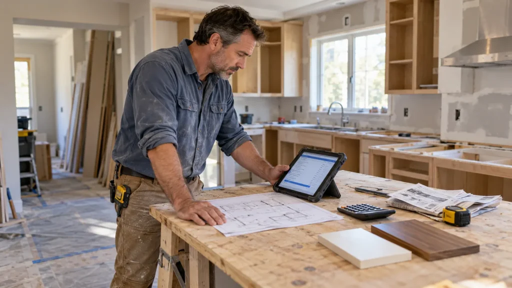 Construction worker in a denim shirt reviews blueprints on a workbench with a tablet nearby and wood samples scattered about.