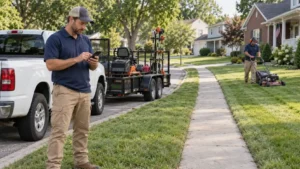 Two men working on a suburban lawn: one uses a smartphone near a white pickup, the other mows the side yard with a push mower beside a trailer loaded with equipment.