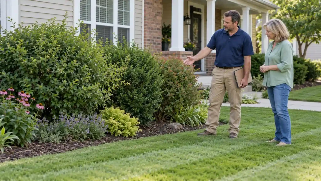 - Housecall Pro Two adults stand in a suburban front yard, discussing the neatly trimmed hedges and flower bed by their house, with the man gesturing toward the shrubs.