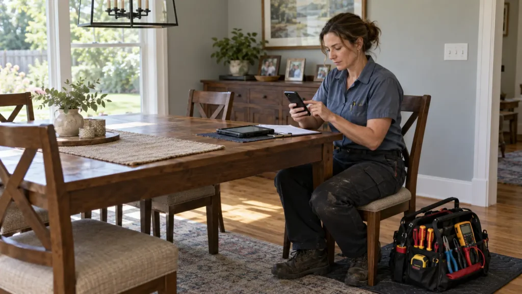- Housecall Pro Woman in a blue work shirt sits at a wooden dining table, looking at her phone with a tool bag open on the floor nearby.