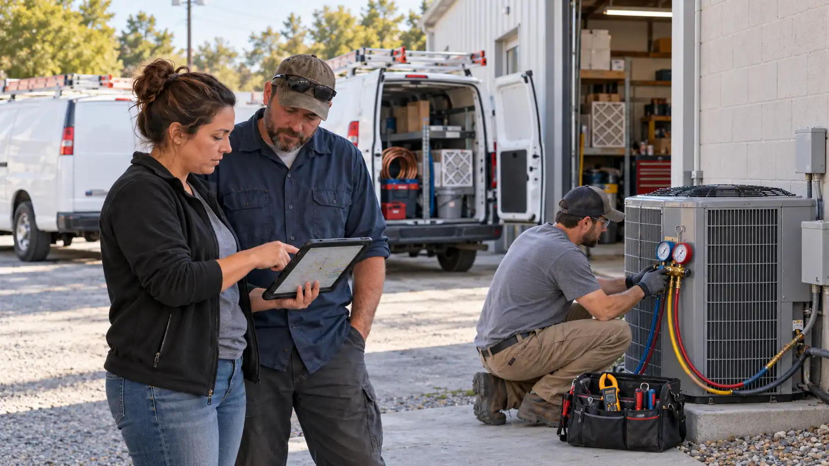 Two technicians stand outside an industrial building, reviewing a tablet as a HVAC technician kneels by a large outdoor unit with gauges and hoses connected to it in a service scene at a workshop.