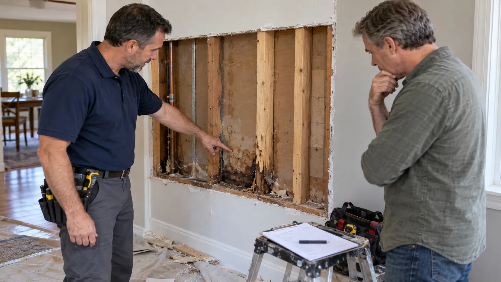 - Housecall Pro Two men inspect a wall with exposed studs and damaged insulation during a home renovation; one points at the area while the other observes, tools nearby on a belt and a clipboard on a step ladder.