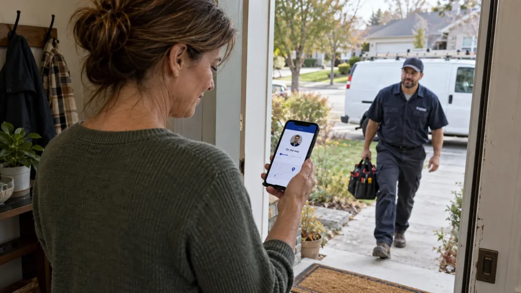 Woman at the doorway checks a delivery app on her phone as a delivery driver arrives with a tool bag outside the open door.