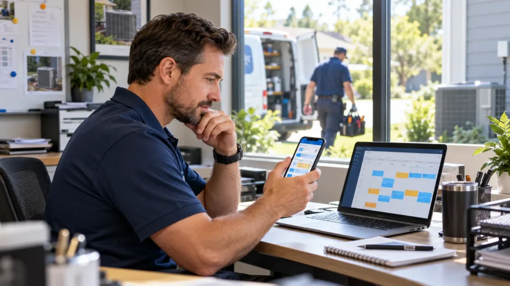Man in a navy polo sits at a desk, looking at his phone while his laptop shows a color-coded calendar; a service van is outside the window.