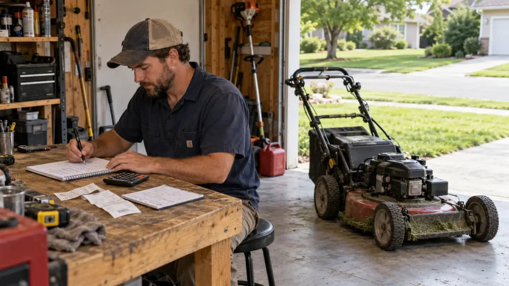 - Housecall Pro Man wearing a cap sits at a wooden workbench in a garage, writing in a notebook with receipts and a calculator nearby.