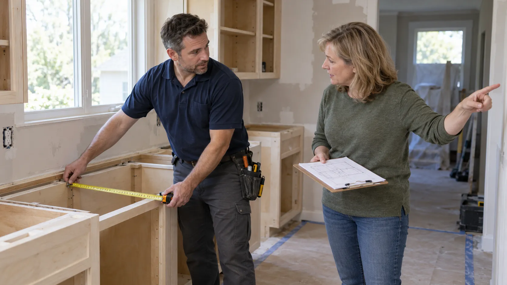 - Housecall Pro Contractor measures a kitchen island with a tape measure while a woman homeowner points and discusses plans on a clipboarded document nearby.