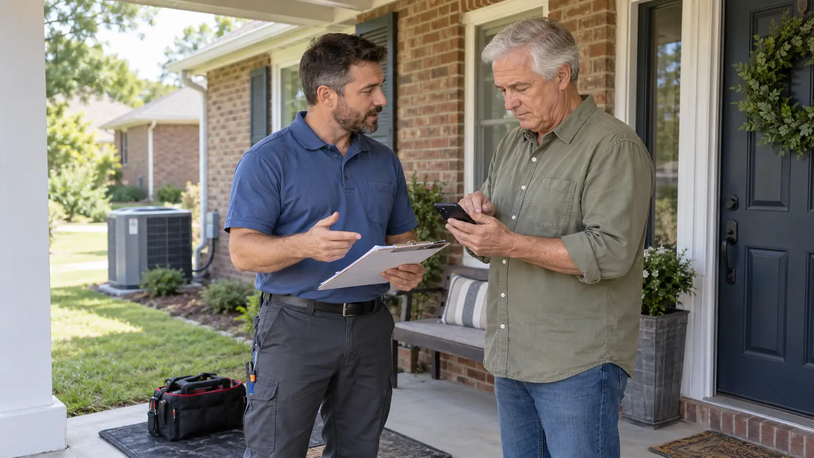 - Housecall Pro Two men stand on a brick porch discussing work; one holds a clipboard while the other uses a smartphone, with a tool bag nearby.